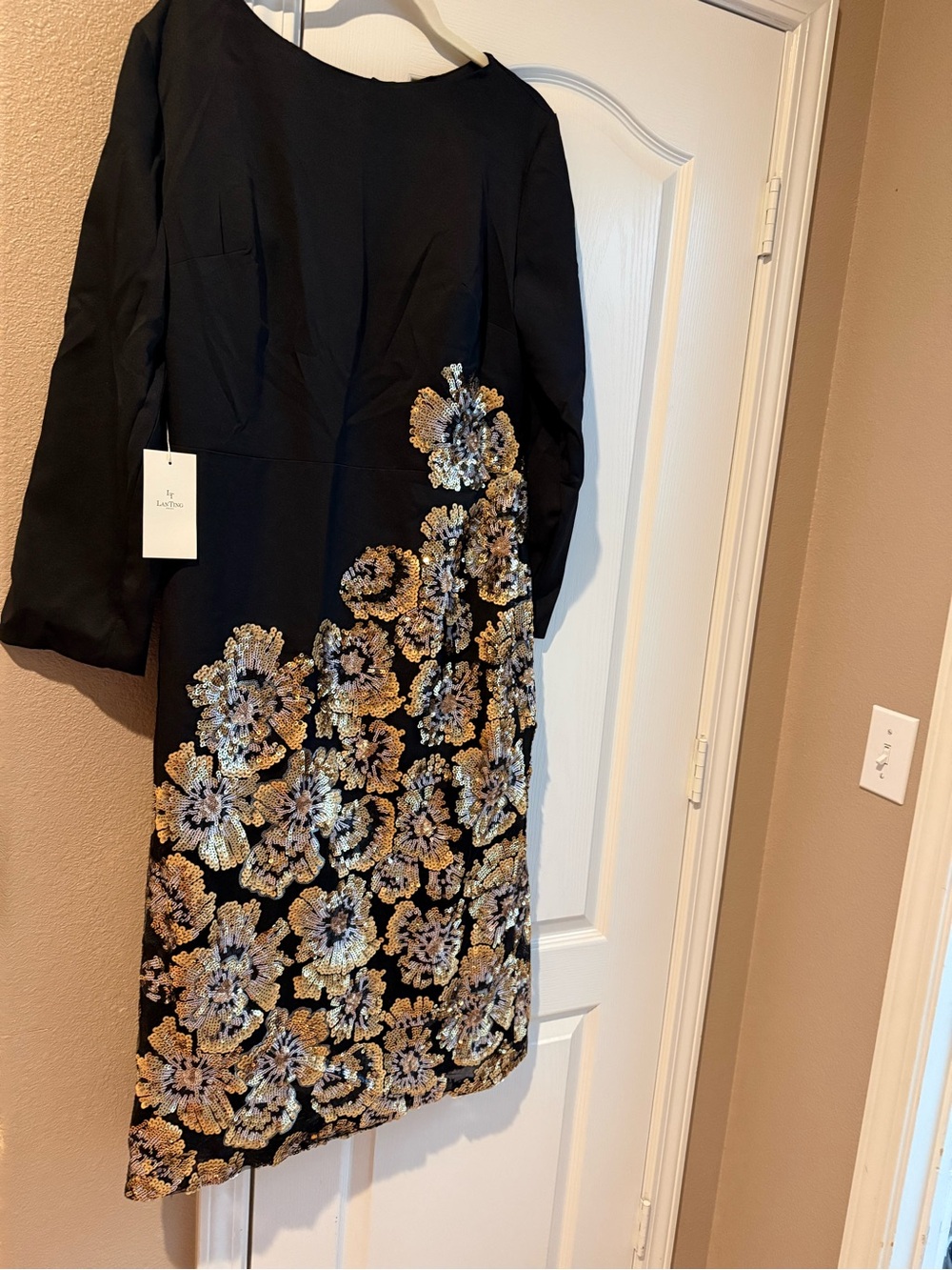 Black Long-Sleeve Dress with Gold Sequin Floral Detail